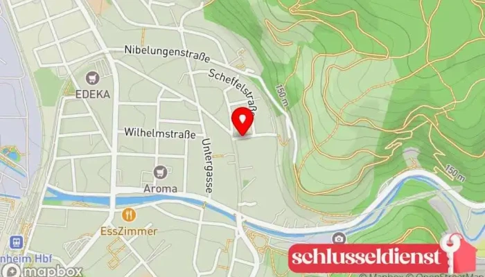 Karte von Erich Seifert | Metallgestaltung, Restaurierung, Schlosserei, Schmiede Metallwerkstatt, Kunstrestaurator, Schmied, Metalloberflächenveredler, Metallverarbeitungsunternehmen in Weinheim
