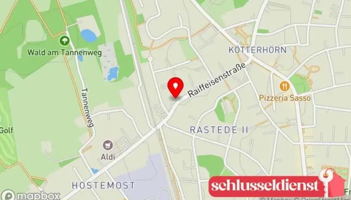 Karte von Schlüsseldienst Rastede 24/7 Schlüsseldienst, Gürtelgeschäft, Graveur, Passfotoverarbeitung, Stempelgeschäft, Sicherheitstechnikfachgeschäft, Nähgeschäft, Schuhreparatur-Geschäft, Schildergeschäft in Rastede