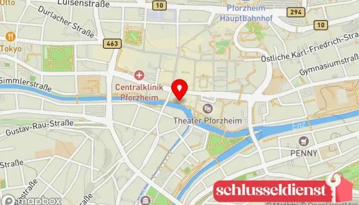 Karte von Schlüssel+Schloss Steinwand+Diete Schlüsselduplikationsdienst in Pforzheim